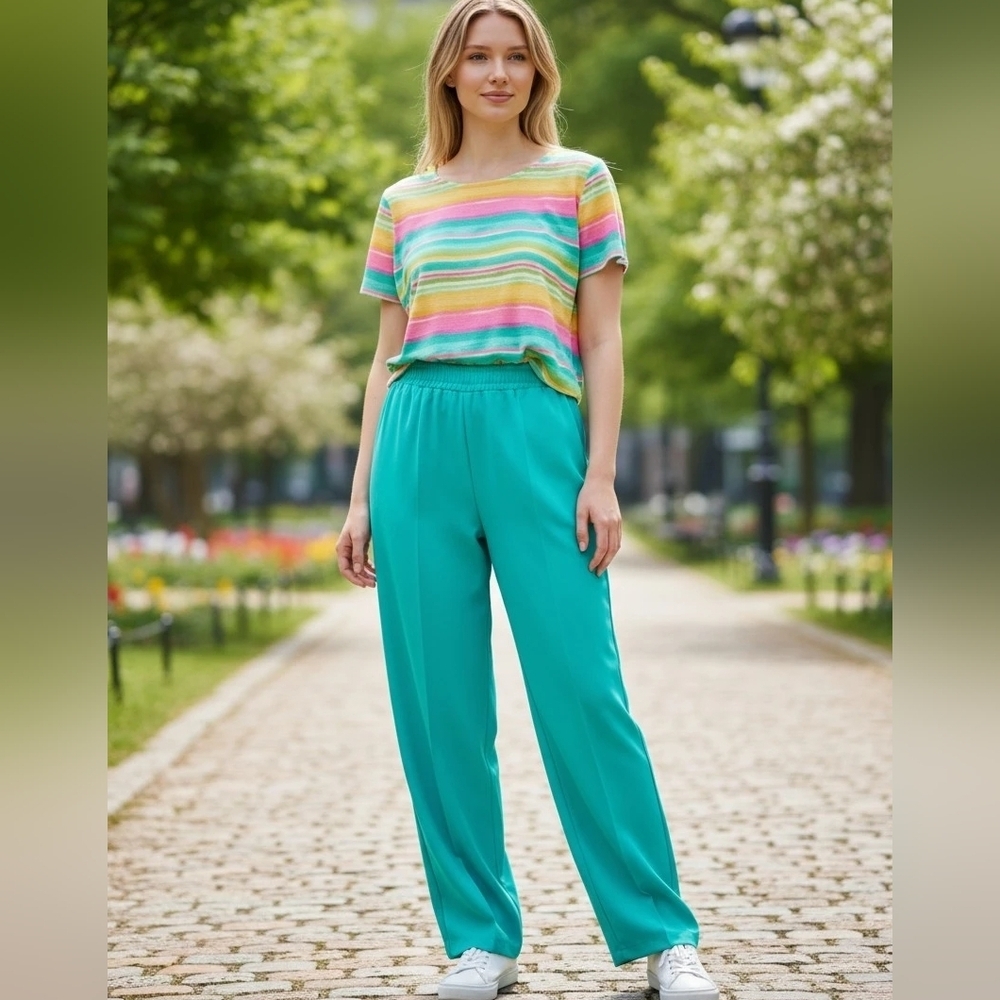 Sag Harbor 2PC Teal Green Multicolor  Elastic-Waist Straight Leg PantsSet Size14